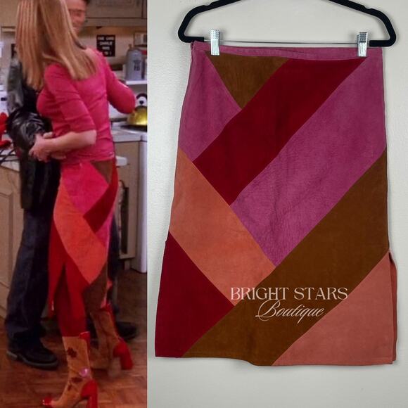 Rare Colorblock Suede Skirt ASO Phoebe Buffay Friends Pink Red Brown Patchwork - Picture 2 of 11